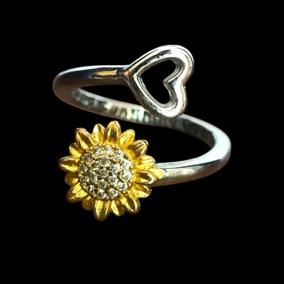 Sunflower heart "keep sunshine going" spinner ring, appr. sz 7 - Picture 1 of 11